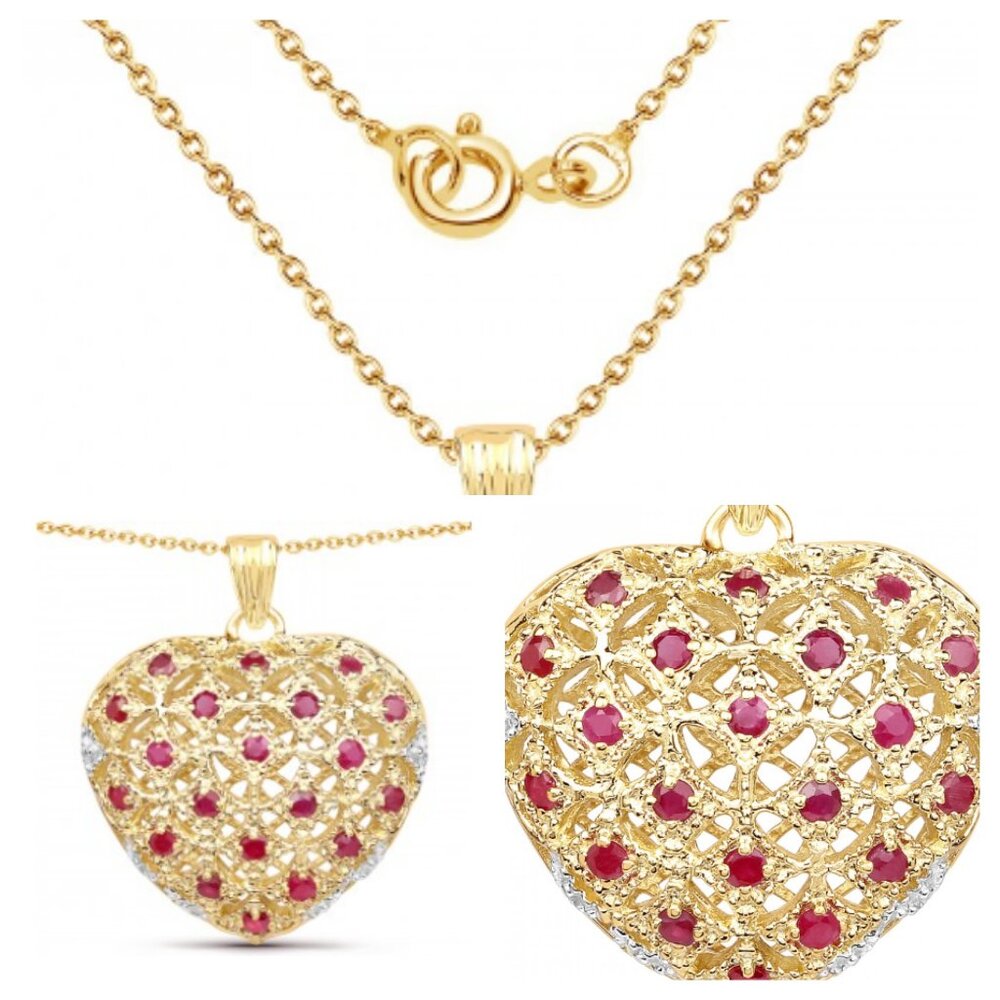 14k gold heart shaped ruby gold and diamond necklace and charm
